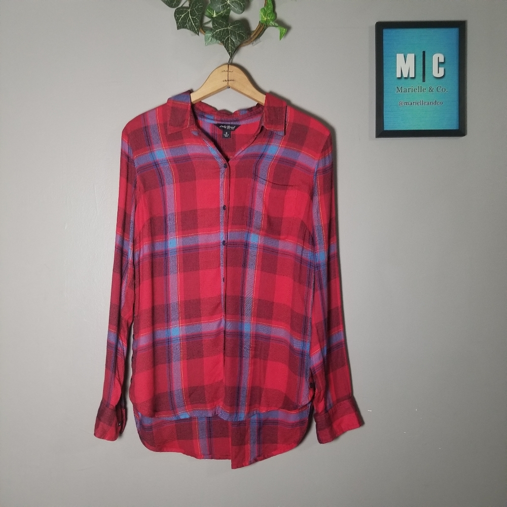 Lucky Brand Red Plaid High Low Long Sleeve Shirt
